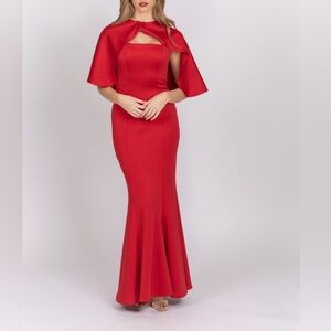 Black Halo Cristanta Caplet Mermaid Gown Molten Red Size 10 Sleeved Satin Maxi